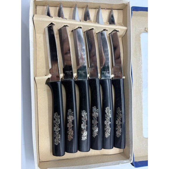 Vintage Steak Knives Set of 6 Black Scroll Crown Handles Stainless Japan - Picture 1 of 7